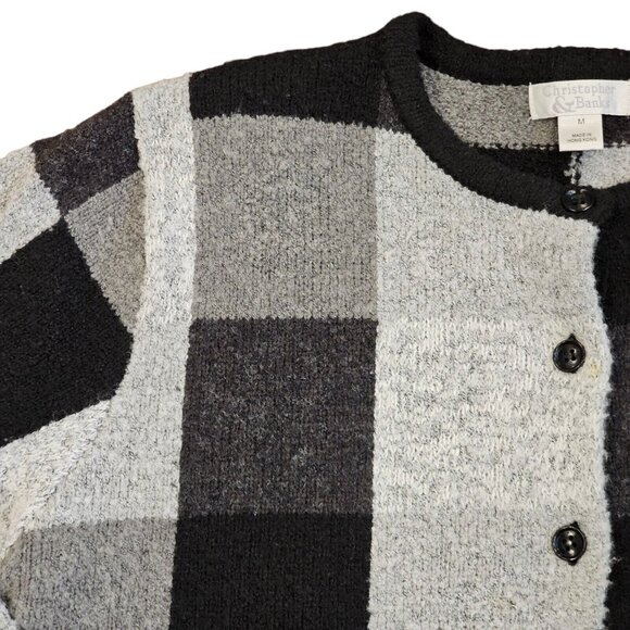 Vintage Y2K Womens M Checkered Cardigan Sweater Gray Black Classic Preppy - Picture 4 of 9